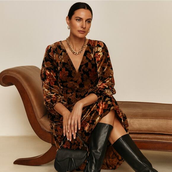 ESHAKTI Autumn Velvet Floral Maxi Dress Gold Black Orange Sz 2X {3V25} - Picture 1 of 7